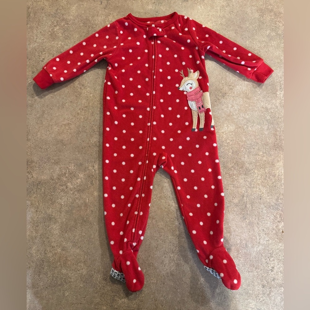 Carter's -Red Polka Dot Fleece Holiday Footie with Reindeer, Size 12M